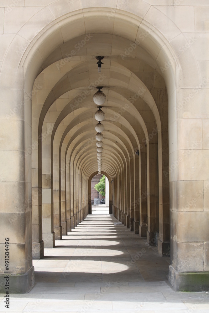 A view of a colonnade in Manchester England