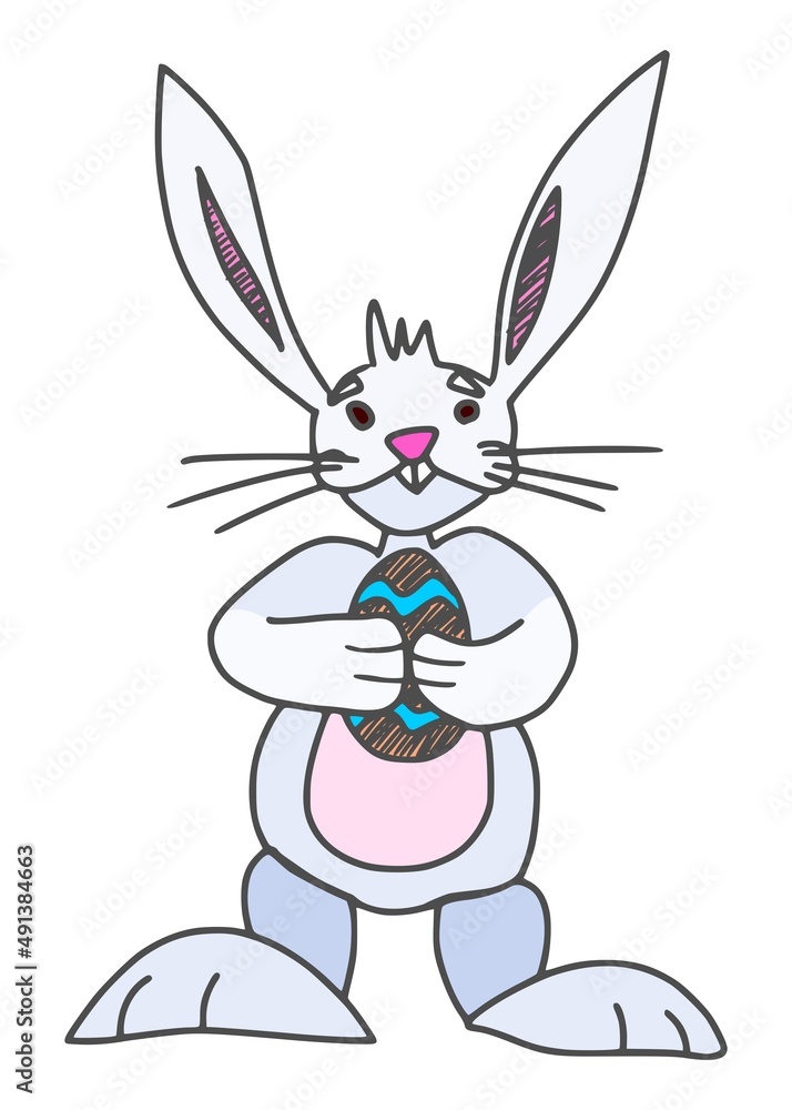 Fototapeta premium bunny holding egg in paws easter holiday. sketch