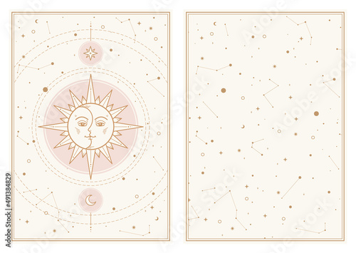 Gold Sun moon Stars in light galaxy sky. Background and design element for banner, tarot card, illustration, Pattern