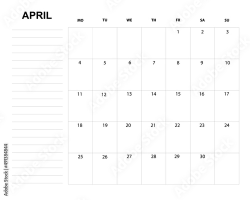 Wallpaper Mural April 2022, calendar and place for notes Torontodigital.ca