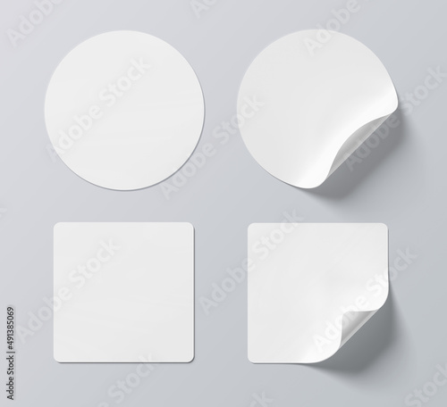 Sticker mockup with curled corner isolated on white background. Circular and squared adhesive label with bent side. 3D rendering