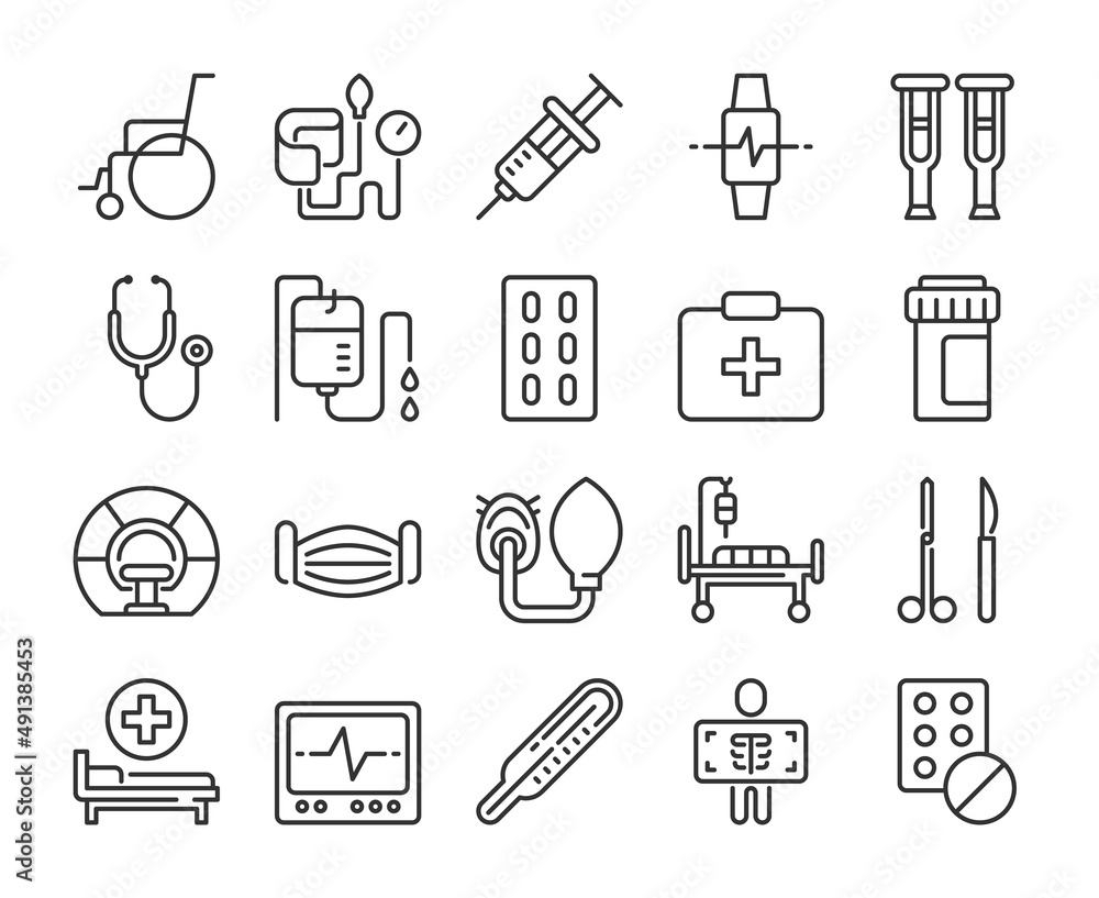 Medical device icons. Medical equipment line icon set. Editable Stroke. Medical device icons. Medical equipment line icon set. Editable Stroke.