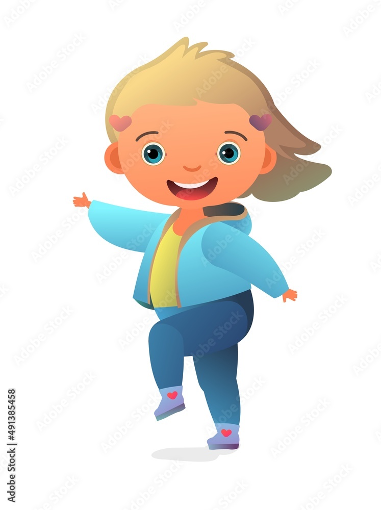 In jacket with hood. Little girl preschooler. Person in autumn clothes. Cute child. Cheerful funny kid. Baby joy. Cartoon style illustration. Flat design. Isolated on white background. Vector In jacket with hood. Little girl preschooler. Person in autumn clothes. Cute child. Cheerful funny kid. Baby joy. Cartoon style illustration. Flat design. Isolated on white background. Vector