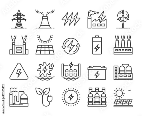Power plant icons. Power station line icon set. Editable Stroke.