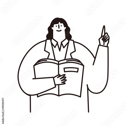 A vector illustration of a woman reading a textbook and telling the points.