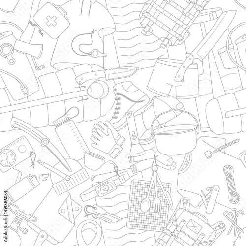 Vector seamless line texture set of outdoor equipment icons. White background.