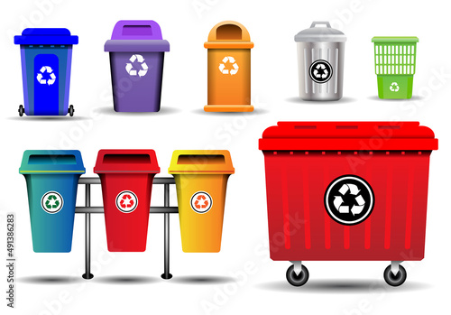 realistic garbage bin in various color red, green, blue, yellow. trash bin waste basket, recycling trash basket.