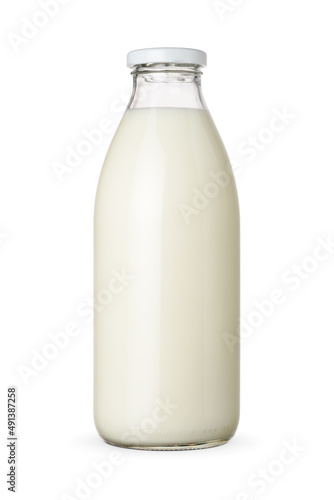 Classic glass milk bottle isolated on a white background.