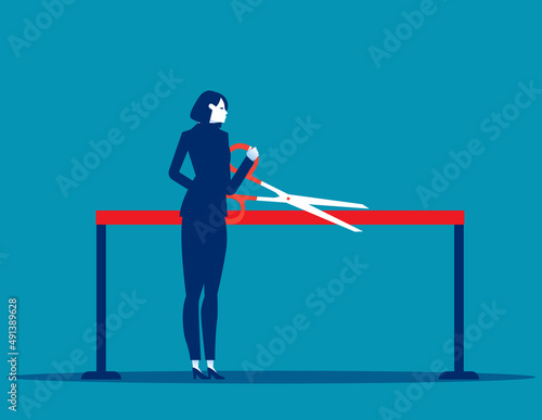 Ribbon cutting ceremony with scissors by business person. Starting business vector illustration