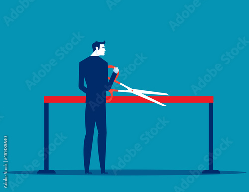 Ribbon cutting ceremony with scissors by business person. Starting business vector illustration