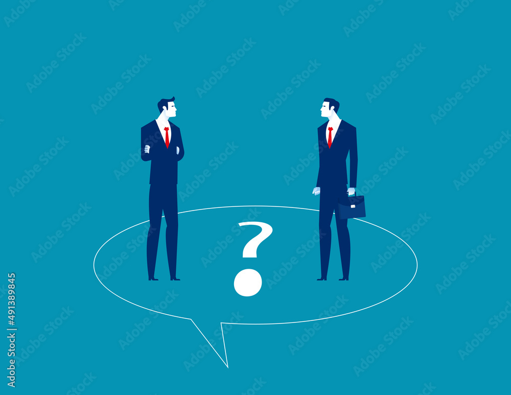 Business people on painted speech bubble. Business question mark