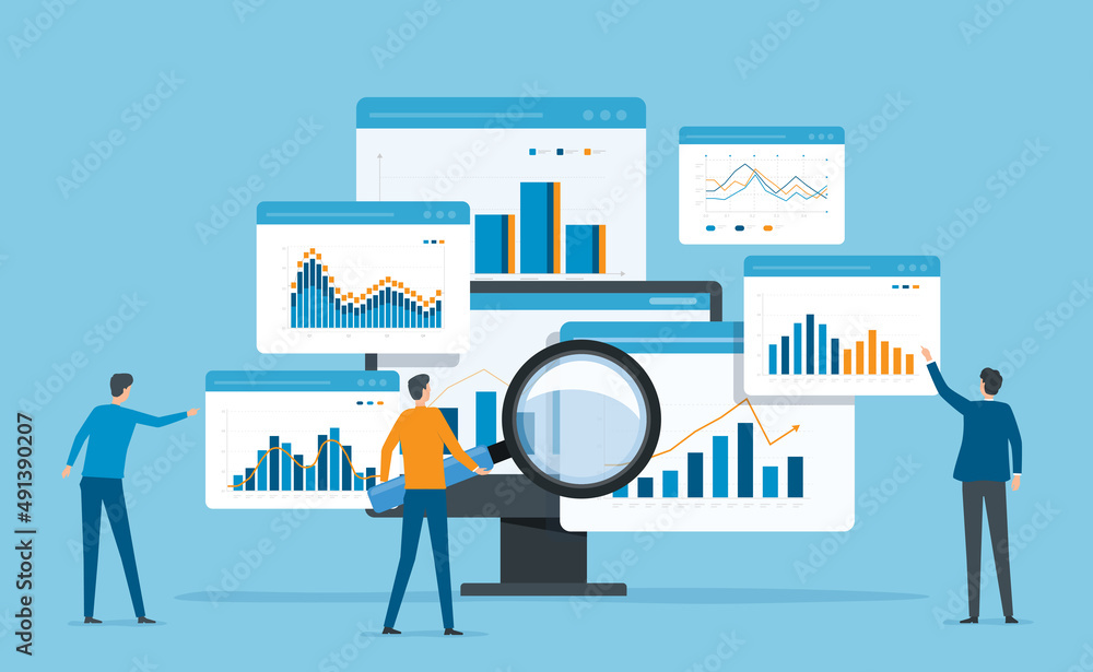 business team analytics and monitoring on web report dashboard monitor concept and flat vector illustration design data analytics research for business finance planning. business team analytics and monitoring on web report dashboard monitor concept and flat vector illustration design data analytics research for business finance planning.