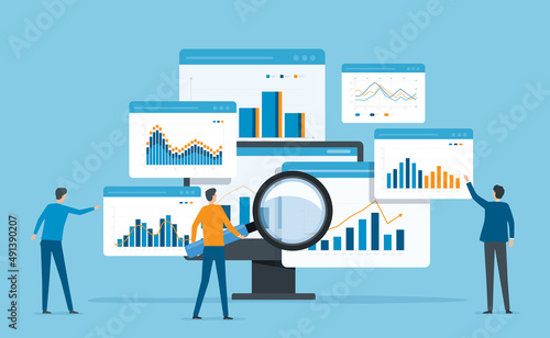 business team analytics and monitoring on web report dashboard monitor concept and flat vector illustration design data analytics research for business finance planning. photo