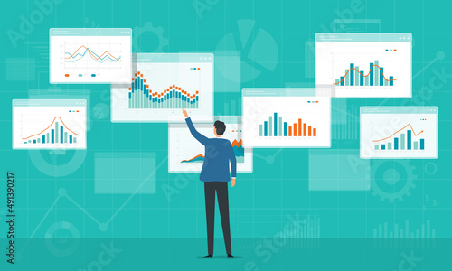 Flat business people analytics and monitoring investment and finance report graph on monitor concept. Business marketing planning.