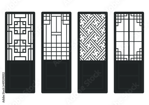Traditional Korean ornament frame pattern. Set of door and window antique decoration art. Silhouette vector illustration. Laser cut panel.