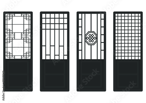 Traditional Korean ornament frame pattern. Set of door and window antique decoration art. Silhouette vector illustration. Laser cut panel.