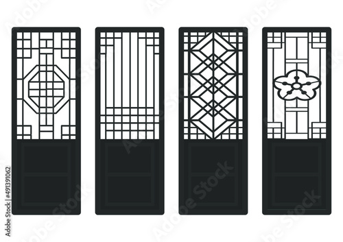 Traditional Korean ornament frame pattern. Set of door and window antique decoration art. Silhouette vector illustration. Laser cut panel.