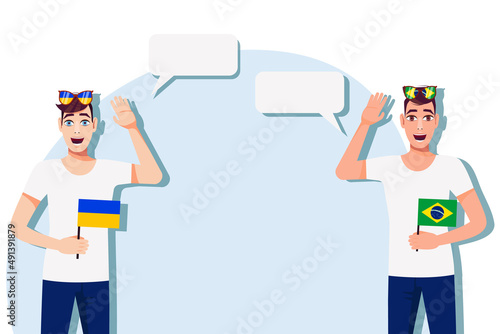 Vector illustration of people speaking the languages of Ukraine and Brazil. Illustration of translation, transcription and dialogue between Ukraine and Brazil.