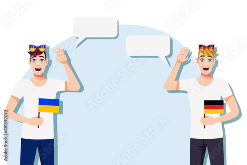 The concept of international communication, sports, education, business between Ukraine and Germany. Men with Ukrainian and German flags. Vector illustration.