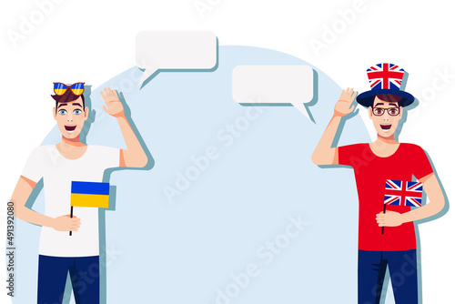 Men with Ukrainian and British flags. Background for the text. Communication between native speakers of the language. Vector illustration.
