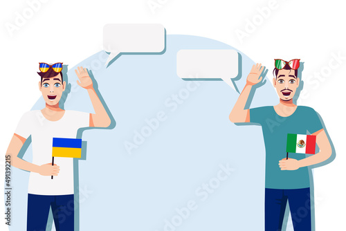 Men with Ukrainian and Mexican flags. Background for text. Communication between native speakers of Ukraine and Mexico. Vector illustration.