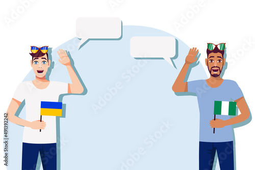 Men with Ukrainian and Nigerian flags. Background for the text. The concept of sports, political, education, travel and business relations between Ukraine and Nigeria. Vector illustration.