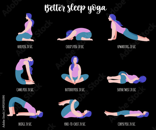 Better sleep yoga. Poses for good rest. Fitness exercises girl.