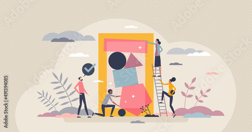 Inclusiveness and collaboration for business teamwork tiny person concept. Diversity and different social, racial, gender and ethnicity groups work together for common project vector illustration.