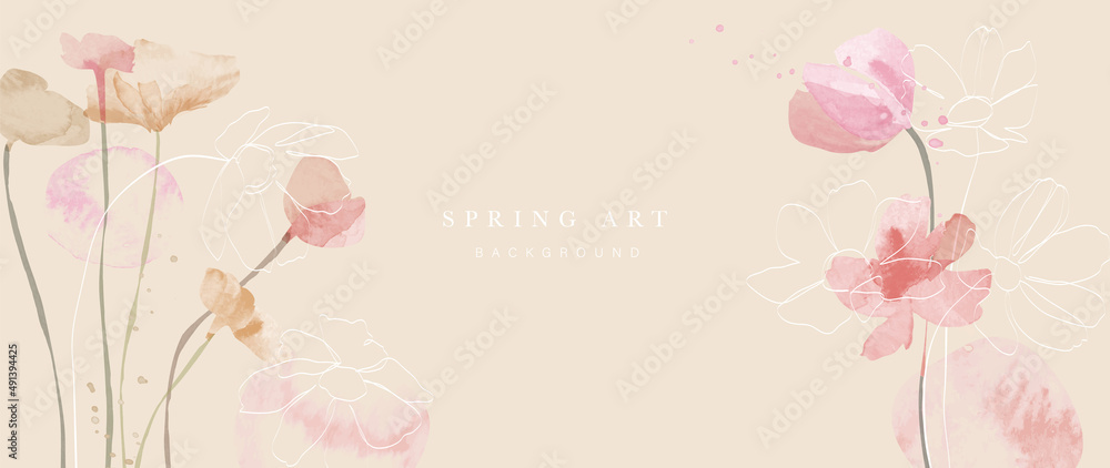 Spring season on warm tone watercolor background. Floral and botanical wallpaper with blooms, wild flowers, blossom garden. Luxury with gold line design for banner, cover, decoration, poster. - obrazy, fototapety, plakaty 