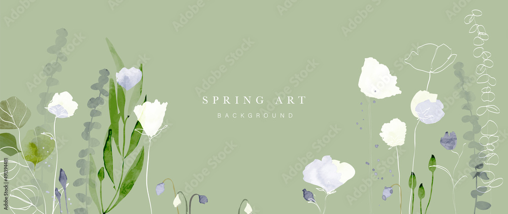 Spring season on green watercolor background. Hand drawn floral and insect wallpaper with wildflowers, foliage, eucalyptus leaves. Line art graphic design for banner, cover, decoration, poster. - obrazy, fototapety, plakaty 