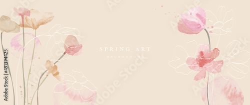 Spring season on warm tone watercolor background. Floral and botanical wallpaper with blooms, wild flowers, blossom garden. Luxury with gold line design for banner, cover, decoration, poster.