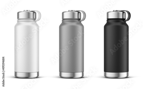 White Gray and Black Thermos Bottles. Aluminium Thermos Bottle on White Background. 3d rendering mockup for your design logo photo