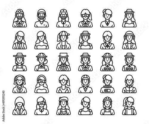 Simple set of 30 Female Occupations Icons in Detailed Outline Style