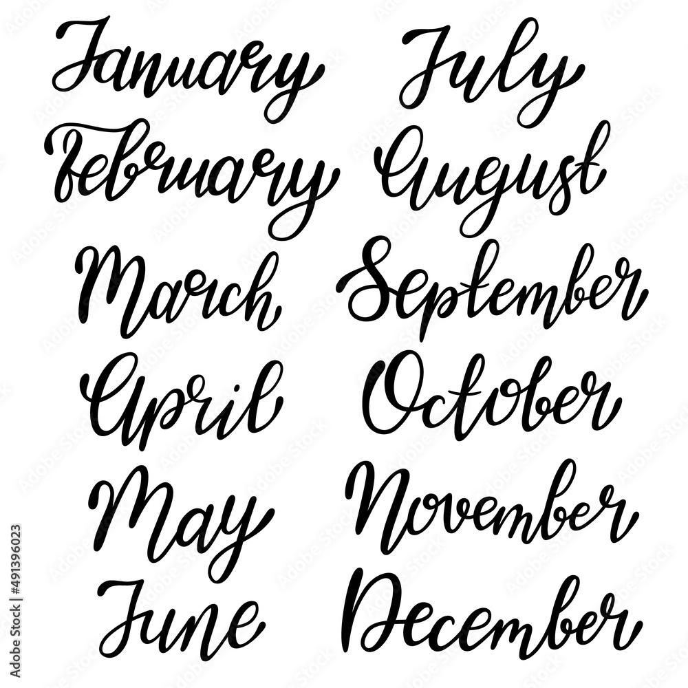 Set hand-drawn lettering months names of year. January, February, March, April, May, June, July, August, September, October, November, December. Template for calendar and organizers.