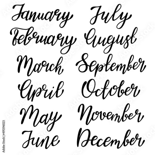 Set hand-drawn lettering months names of year. January, February, March, April, May, June, July, August, September, October, November, December. Template for calendar and organizers.