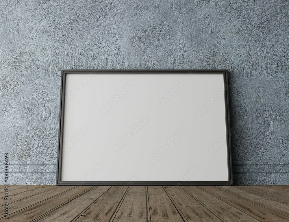 Horizontal wood frame mock up. Wooden frame poster on wooden floor with colorful wall. Landscape frame 3d illustrations. Horizontal wood frame mock up. Wooden frame poster on wooden floor with colorful wall. Landscape frame 3d illustrations.