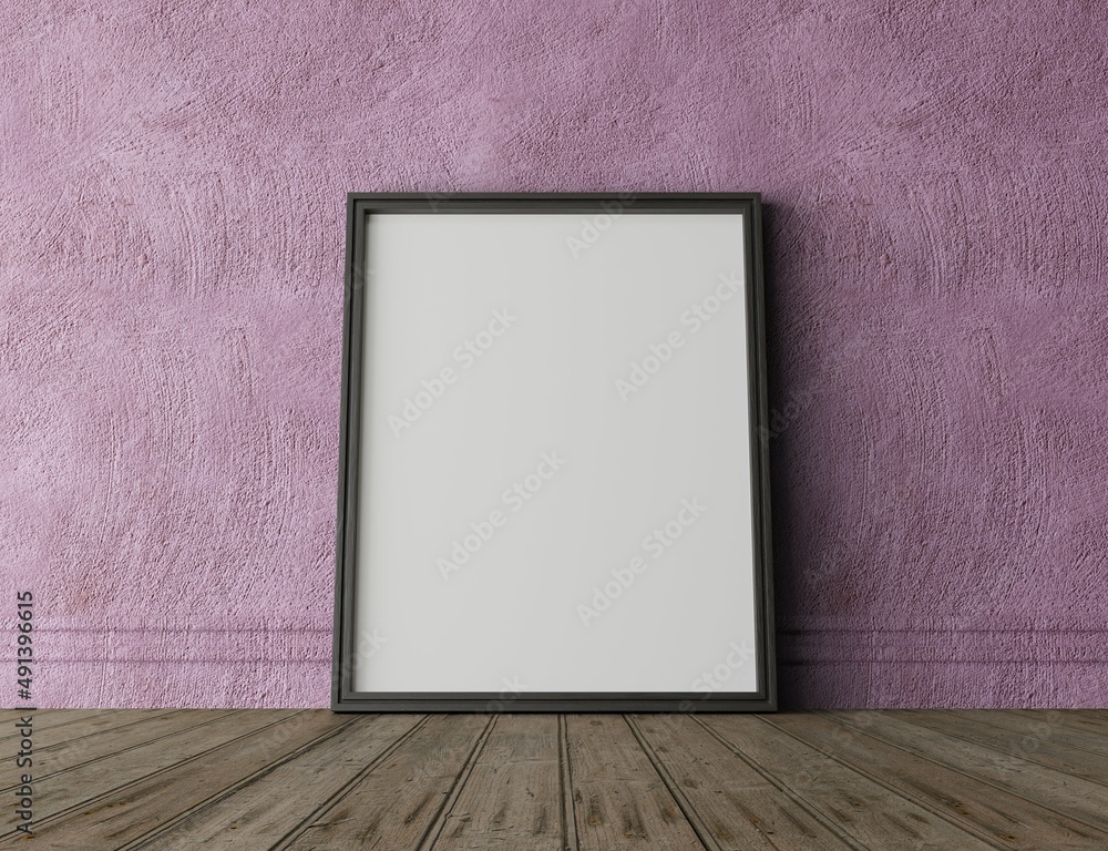 vertical wood frame mock up. Wooden frame poster on wooden floor with colorful wall. Landscape frame 3d illustrations. vertical wood frame mock up. Wooden frame poster on wooden floor with colorful wall. Landscape frame 3d illustrations.