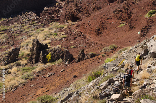 Hikers in the Caldera de Taburiente National Park. La Palma. Canary Islands. Spain.