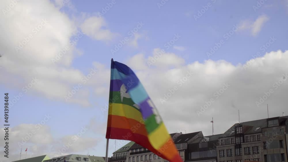 People holding Rainbow Flag Pace Peace at Ukrain Russia Demonstration Hamburg Germany Conflict War People holding Rainbow Flag Pace Peace at Ukrain Russia Demonstration Hamburg Germany Conflict War