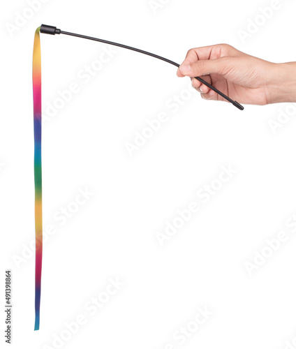 Obraz na płótnie Hand holding Colorful Rod teaser wand plastic pet toys isolated on white background