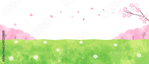 手描き水彩　桜と野原の背景イラスト