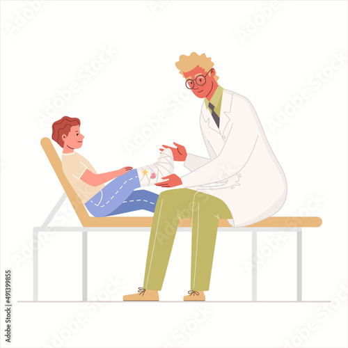 Child character with broken leg sits on couch with doctor. Trauma surgeon examines and bandages patient's fracture. Vector illustration in flat cartoon style.