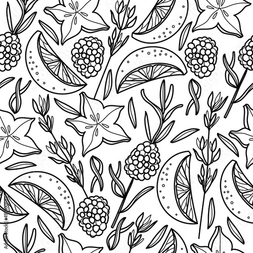 Cocktail garnish seamless pattern. Vector line art illustration. Food and herbs