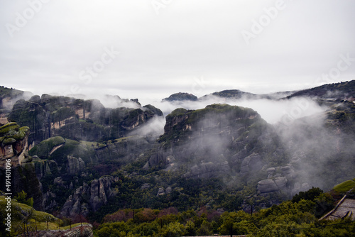 Meteora monastery covered by winters clouds