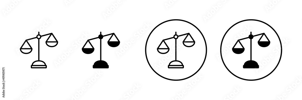 Scales icons set. Law scale icon. Justice sign and symbol Scales icons set. Law scale icon. Justice sign and symbol