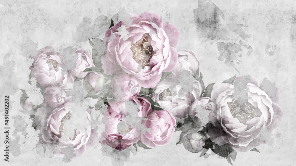 Peonies flowers painted on a concrete grunge wall. Photo wallpaper, wallpaper, mural, card, postcard design in the modern, loft style. - obrazy, fototapety, plakaty 