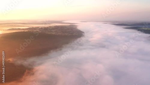Fascinating panoramic view of the misty canyon of the Dniester River from a bird's eye view. Filmed in UHD 4k video.