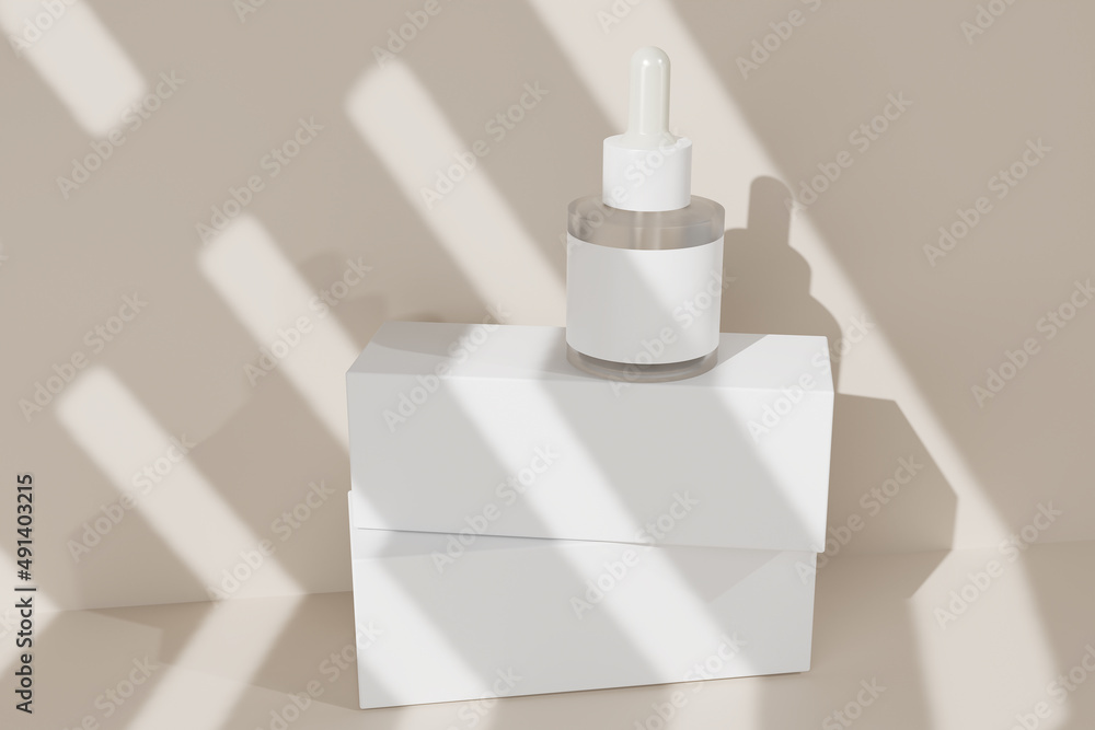Glass bottle with pipet and box on beige. 3d render background. Props to show cosmetics. Glass bottle with pipet and box on beige. 3d render background. Props to show cosmetics.