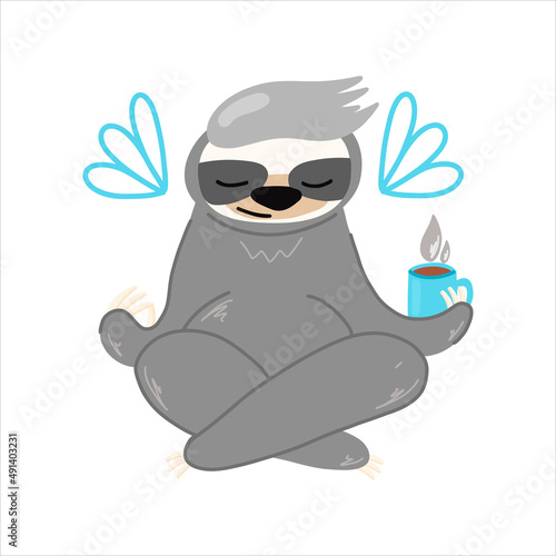 Vector illustration with a cute sloth in the lotus position, meditation, rest, relax, cute animal, cartoon-style children's illustration, for fabrics, postcards, posters, clothes.