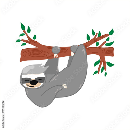 Vector illustration with a cute sloth hanging on a tree, cute animal, cartoon-style children's illustration, for fabrics, postcards, posters, clothes.